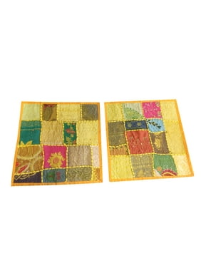 Mogul Ethnic Yellow Cushion Cover Patchwork Embroidered Cotton Vintage Square Decorative Pillow Cases 16" x 16"