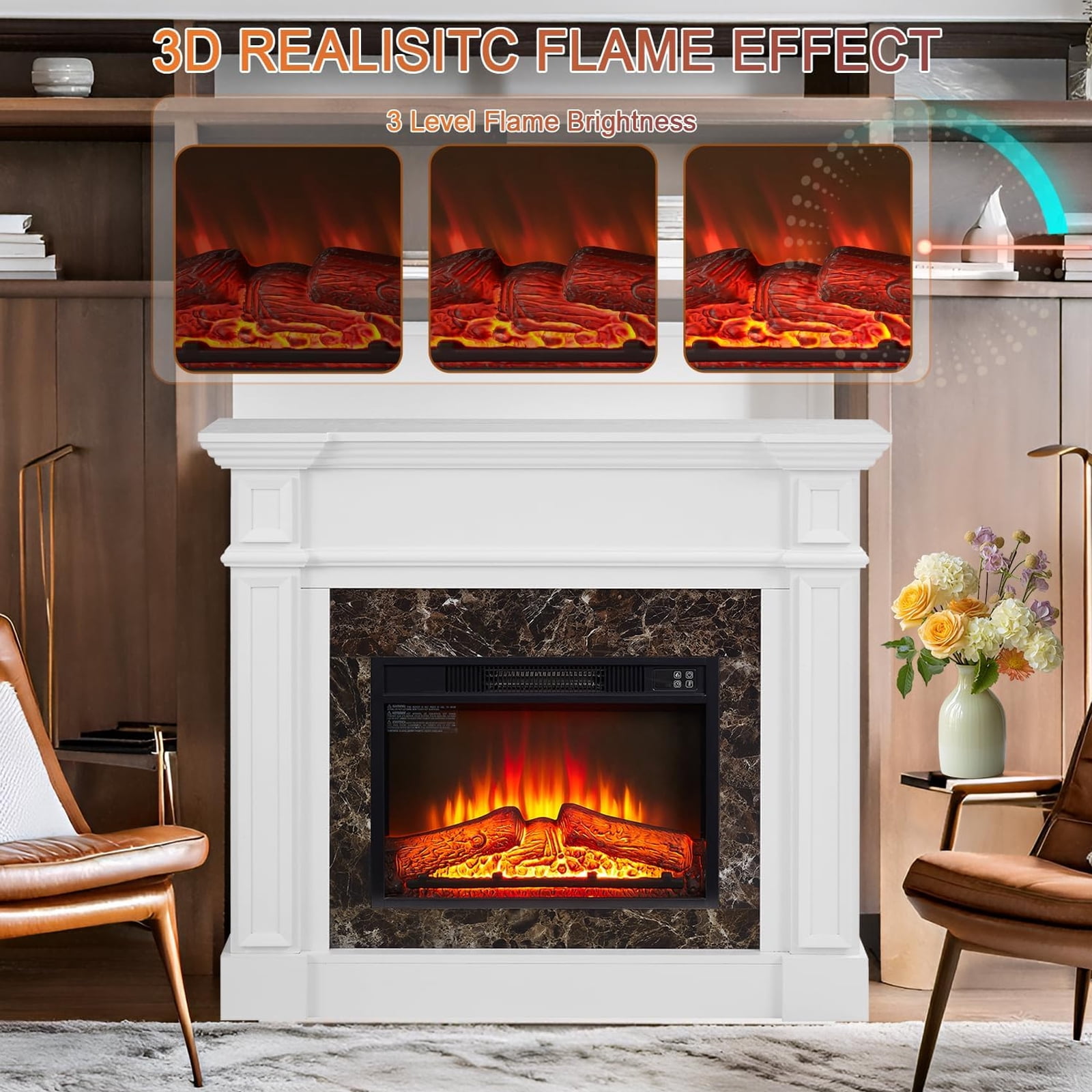 HZWDD 45" Electric Fireplace with Mantel, Fireplace Heater Freestanding, Realistic Stacked Stone Surround with Remote Control Timer LED Flame