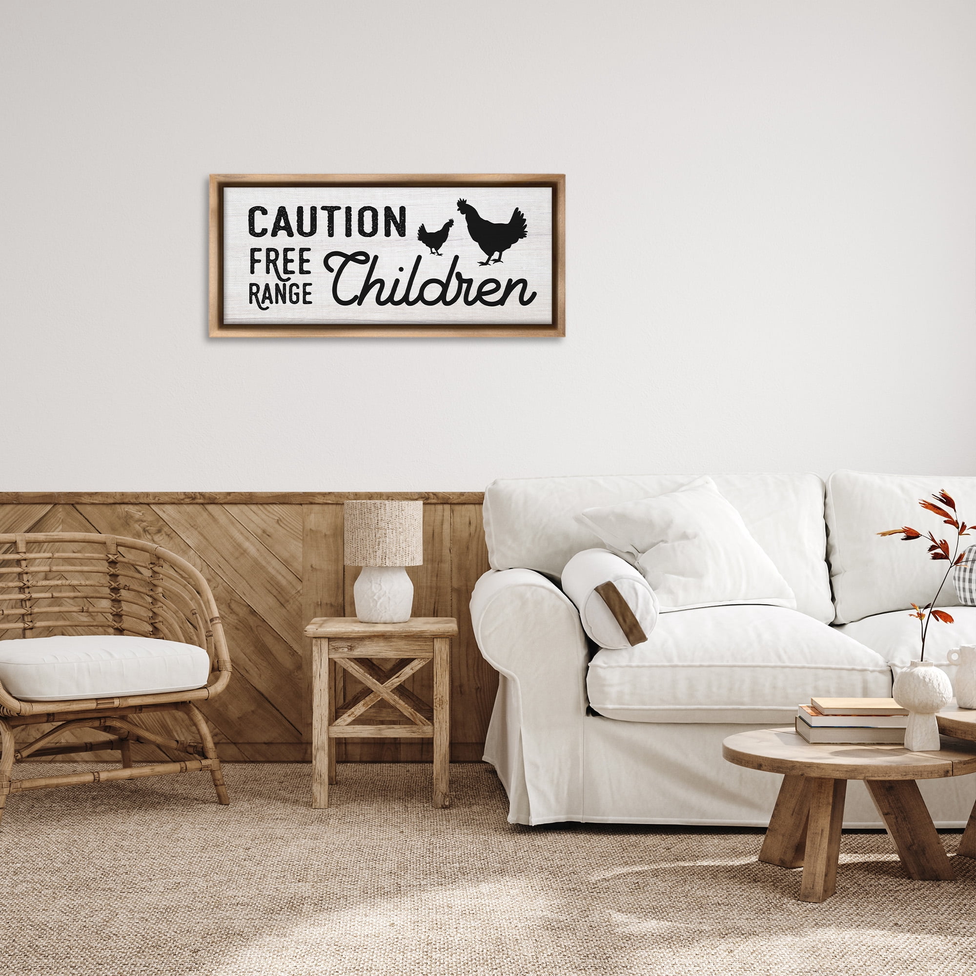 Stupell Industries Caution Free Range Children Animals & Insects Painting Brown Floater Framed Canvas Art Print Wall Art, 31 x 14