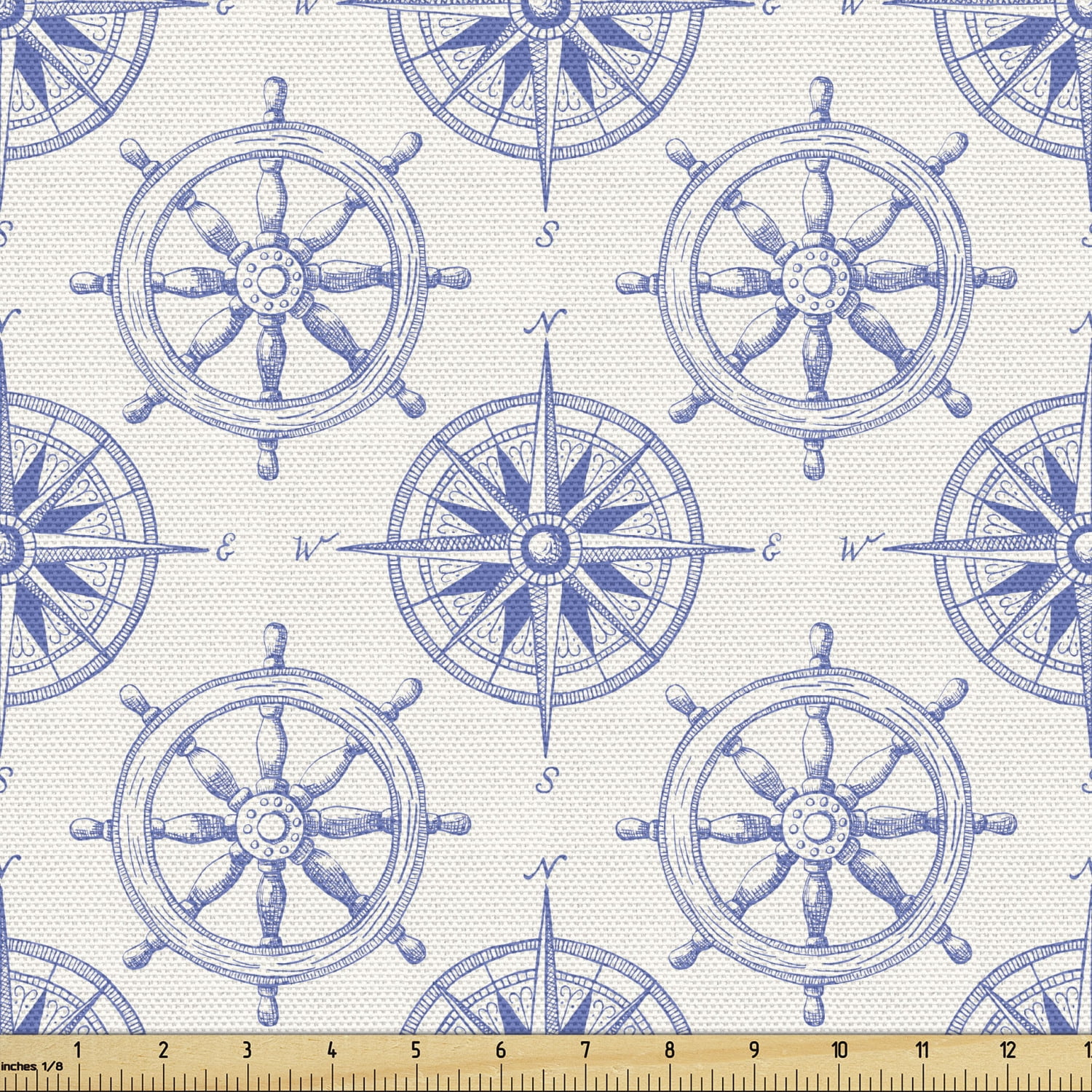 Nautical Upholstery Fabric by the Yard, Marine Theme Wheel and Compass