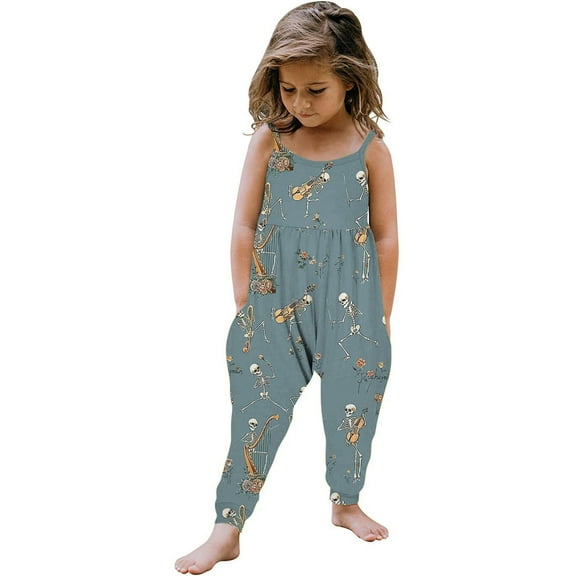 Odeerbi Toddler Girls Halloween Sleeveless Jumpsuit Strap Romper Kids Comfortable Cute Halloween Print Suspenders Leisure Long Pants Toddler Clothes Dark Blue