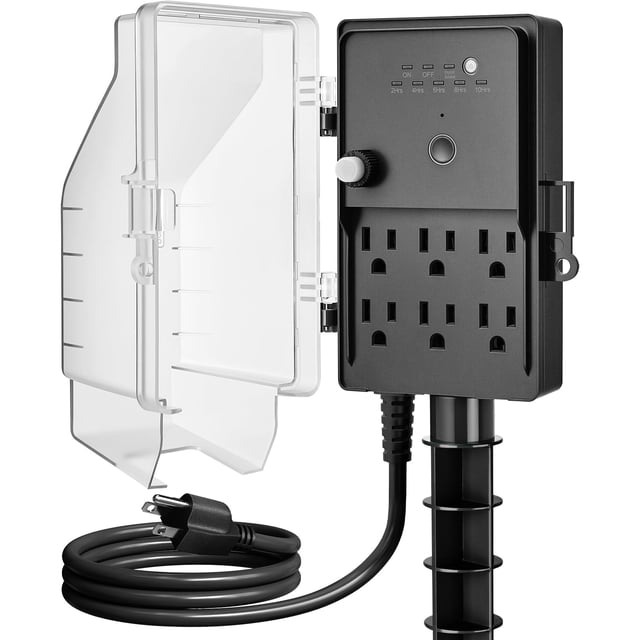 SURAIELEC Outdoor Power Stake Timer, Dusk to Dawn Light Timer, 6 Outlet Power Strip Weatherproof, 6FT Extension Cord Multiple Outlet, Solar