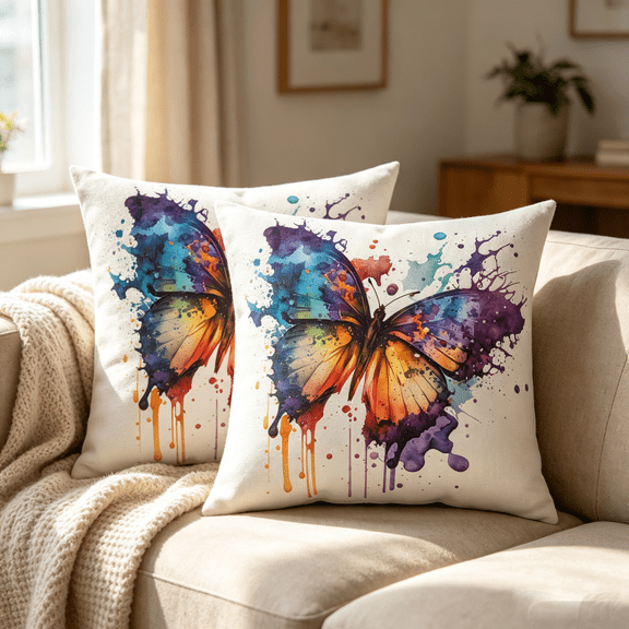 Watercolor Abstract Butterfly Throw Pillow Covers 18x18 Set of 2 Double-Sided Colorful Ink Drip Art Decorative Pillow Cases for Sofa Home Decor