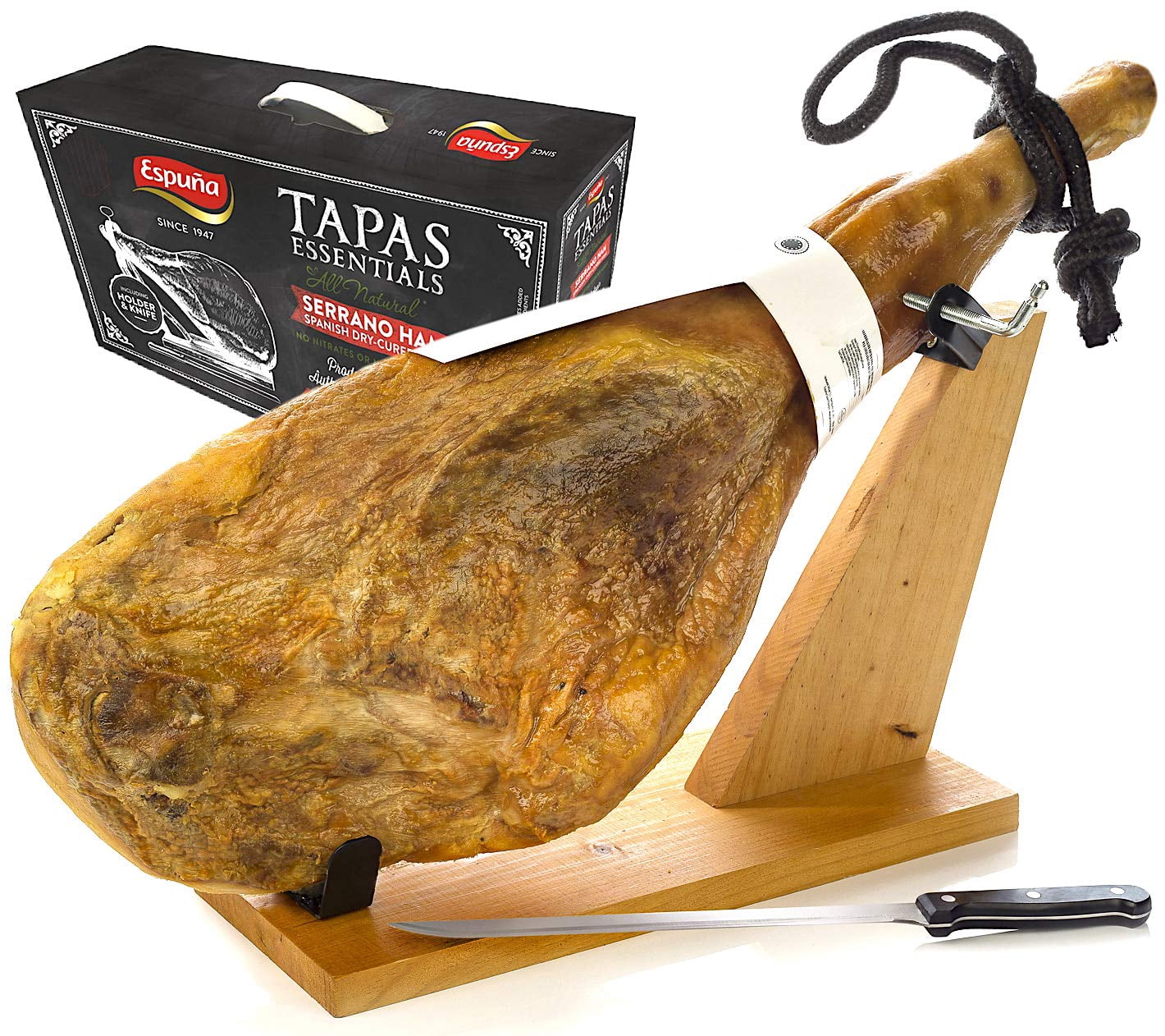 Cured Spanish Jamon Jamonprive - Serrano Ham Bone in from Spain 15 - 17 lb with Ham Stand & Knife
