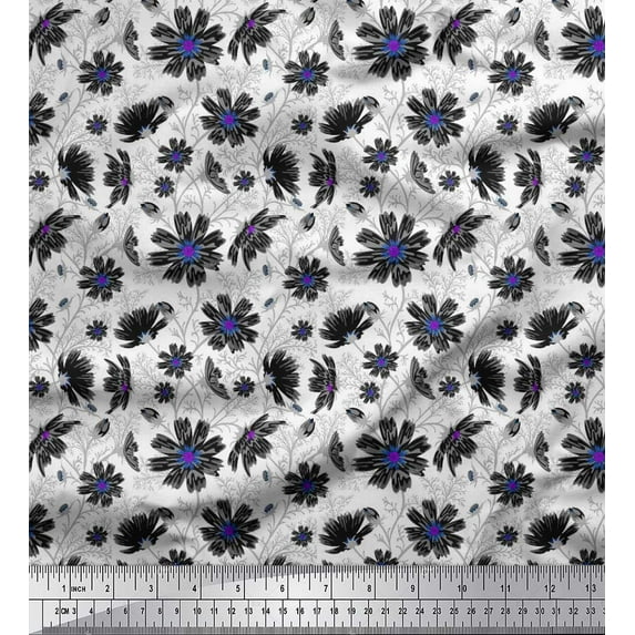 Soimoi Cotton Duck Fabric Leaves & Cosmos Floral Print Sewing Fabric Yard 42 Inch Wide