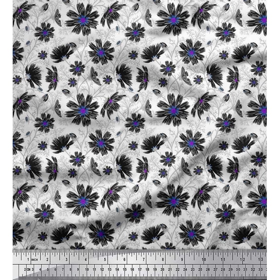 Soimoi Cotton Duck Fabric Leaves & Cosmos Floral Print Sewing Fabric Yard 42 Inch Wide