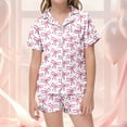 thumbnail image 2 of LRen Girl Satin Outfits Size 10-12 Bow Print Button T-Shirt and Elastic Shorts Satin Silk Set Breathable 2 Piece Cute Summer Clothes Valentines Day Gifts for Her, 2 of 7