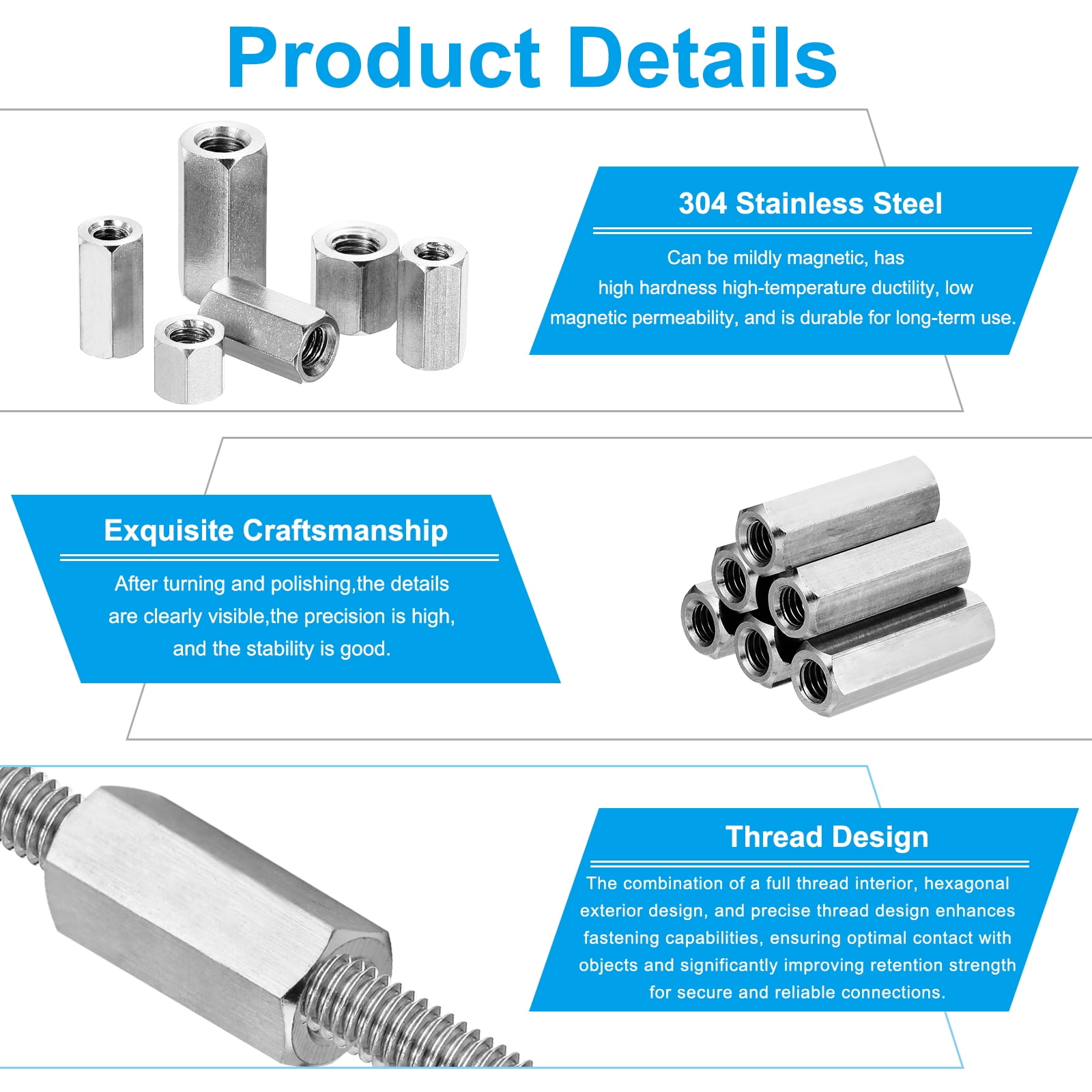 Uxcell 3/8"-16 UNC 304 Stainless Steel Hex Coupling Nuts, 10Pcs 1.4" Length Fully Threaded Rod Coupling Nut Studding Connector Fasteners, Silver Tone