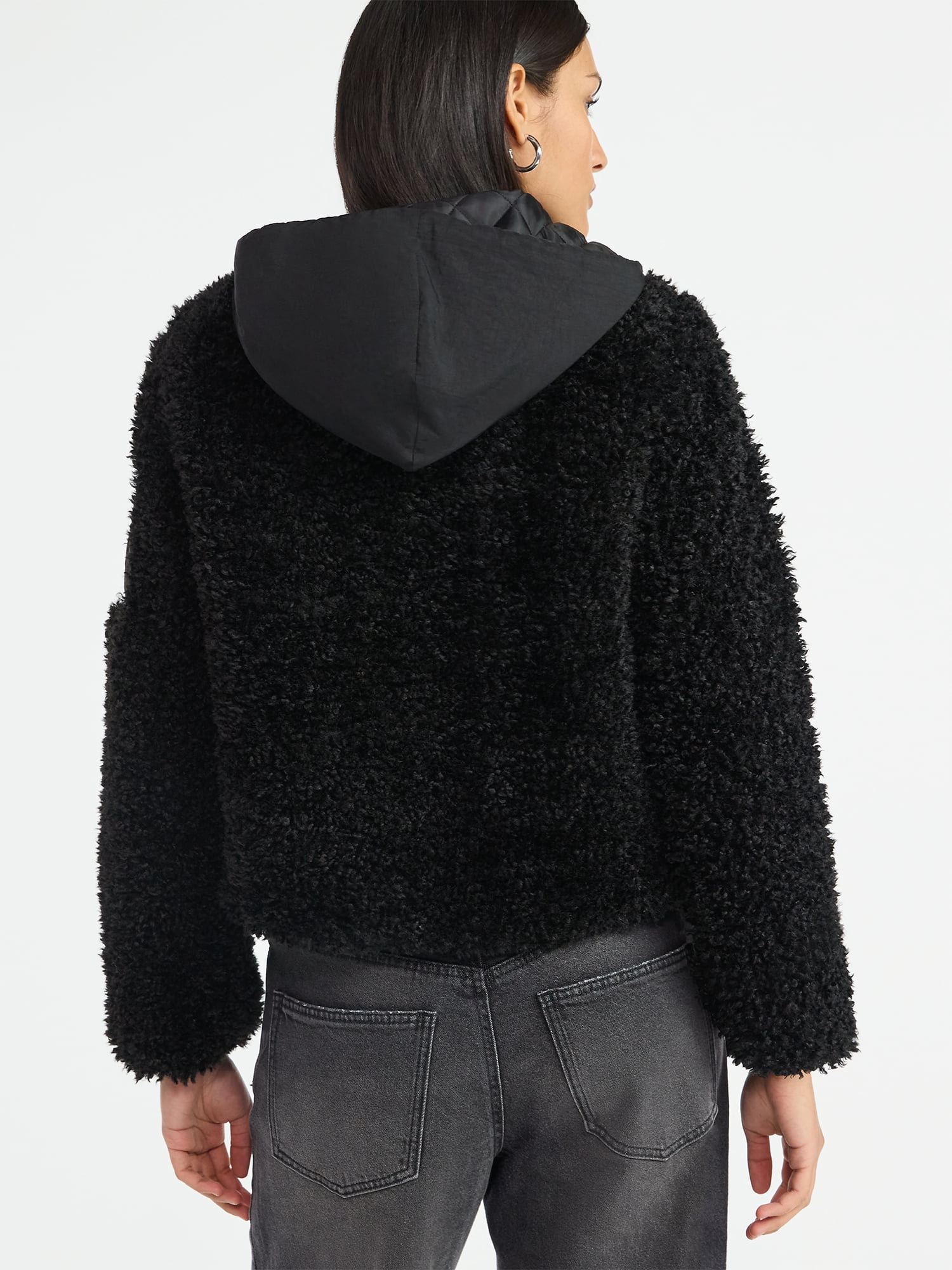 Scoop Women's Mixed Media Teddy Jacket with Hood, Midweight, Sizes XS-XXL