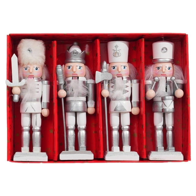 KLKCMS Set of 4 Wooden Christmas Nutcracker Handcrafted Sturdy for Table Display Lightweight Xmas Gift Collection Desktop Decoration Silver 12cm