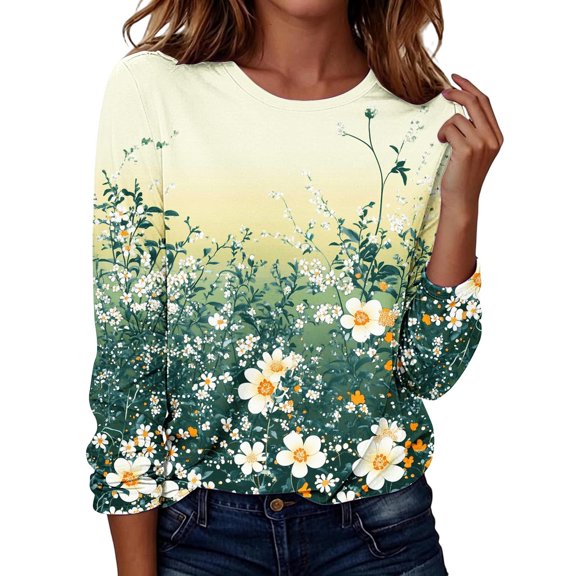 Perfectbot Women's Vintage Floral Print Crew Neck T-Shirt Long Sleeve Casual Boho Flower Tee Top