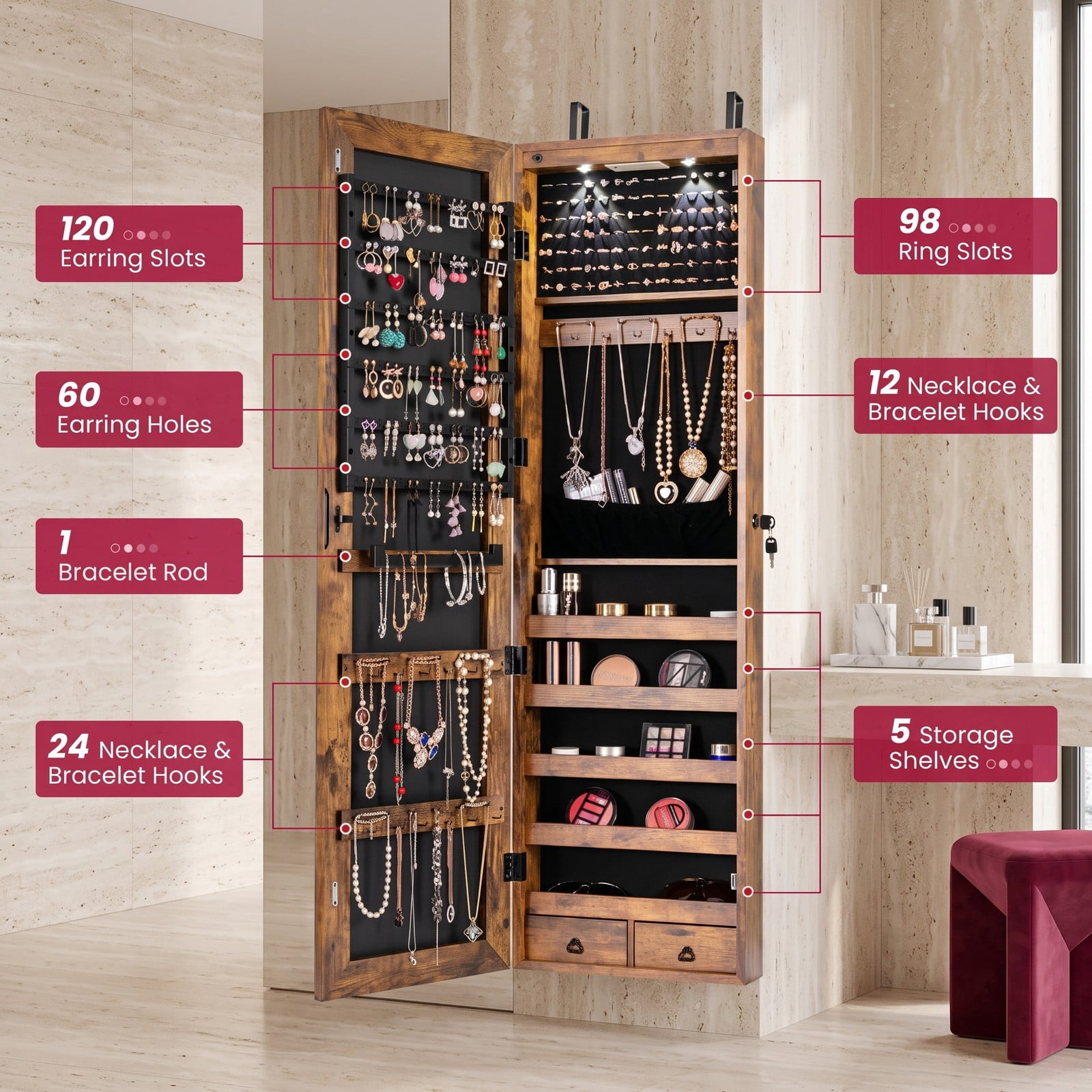Furnibear Lockable Wall and Door Mounted Jewelry Cabinet with Full-Length Mirror and LED Lights for Bedroom Ring and Necklace Storage, Rustic Brown
