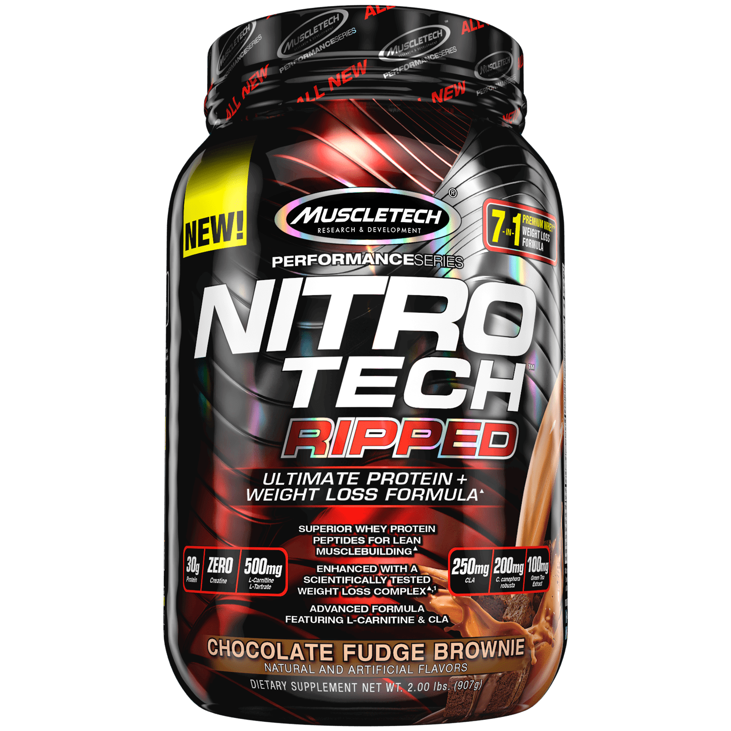Nitro Tech Ripped Ultra Clean Whey Protein Isolate Powder + Weight Loss Formula, Low Sugar, Low Carb, Chocolate Fudge Brownie, 40 Servings (4lbs)