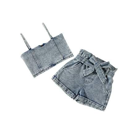 

JBEELATE 1-6Y Summer Fashion Kids Girls 2pcs Clothes Sets Solid Denim Strap Sleeveless Zipper Camisole Vest+Shorts