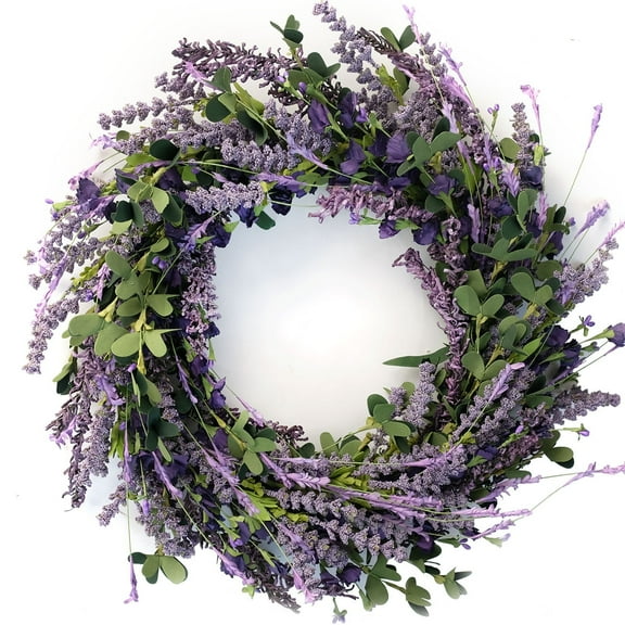 Idyllic 20" Spring Summer Lavender Wreath for Front Door, Purple Lavender with Purple Wheat