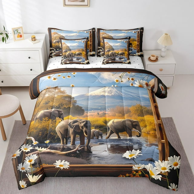 Erosebridal Lit Éléphant 3D en Sac Taille Complète, Ensemble de Lit Animaux de la Forêt, Décor Fleur Groovy Marguerite, Réversible