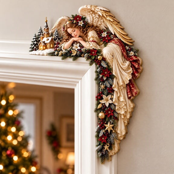 Kuokaa Christmas Angel Door Frame Corner Decor, Golden Wing Praying Angel Wooden Door Topper with Winter Greenery for Doorway Wall Entryway Holiday Home Decoration