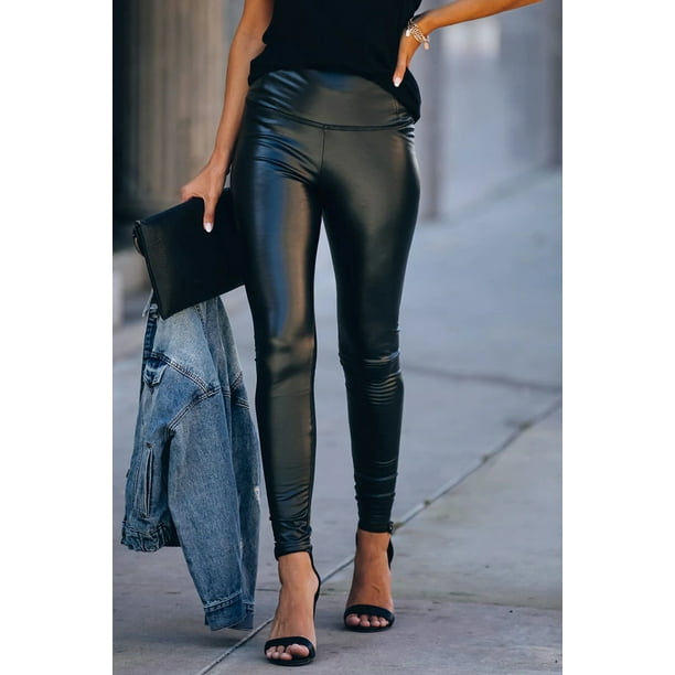 ABPHQTO Leggings negros de cintura alta de piel sintética para mujer
