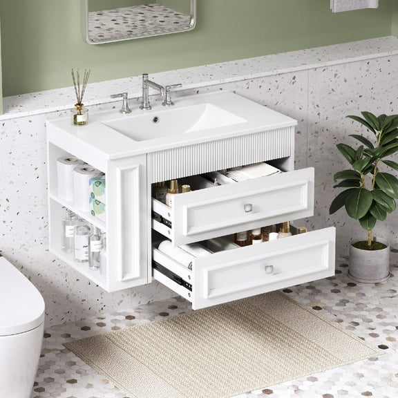 30'' Wall Mounted Bathroom Vanity with Ceramic Sink, Floating Bathroom Storage Cabinet with 2 Drawers and 3 Holes Single Ceramic Sink, Modern Cabinet, Faucet Not Include, White