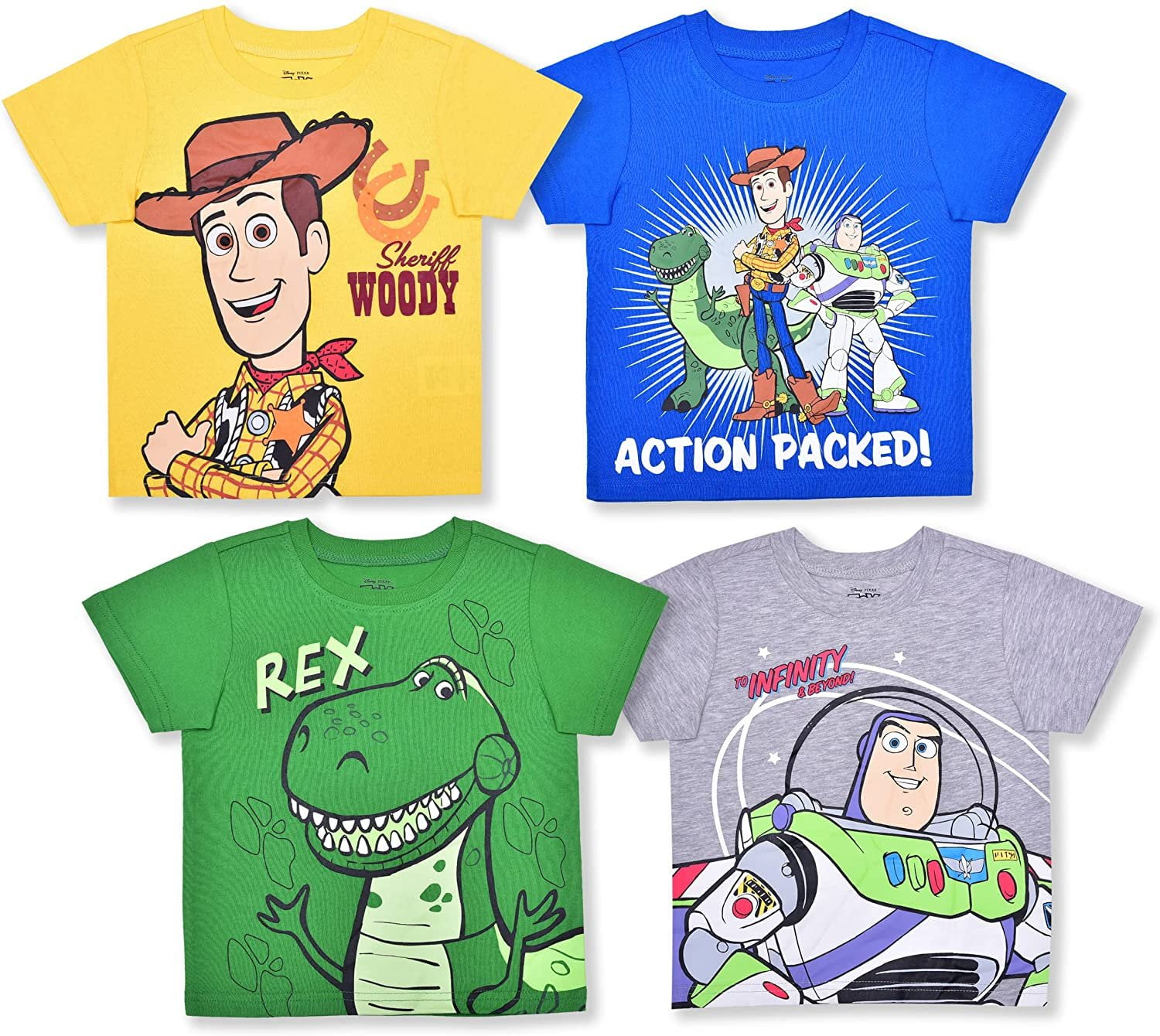 Disney Boy's 4Pack Toy Story Graphic Tee Shirt with Short Sleeves, Blue/Yellow/Green/Grey, 7