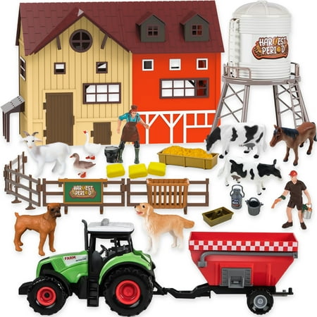 LINXUXIE Farm Animal Toy Set with Red Barn, Farmer Figurine, Tractor & Farm Life Accessories, Birthday Gifts for Kids 3-5 5-8 8-12 Year Old