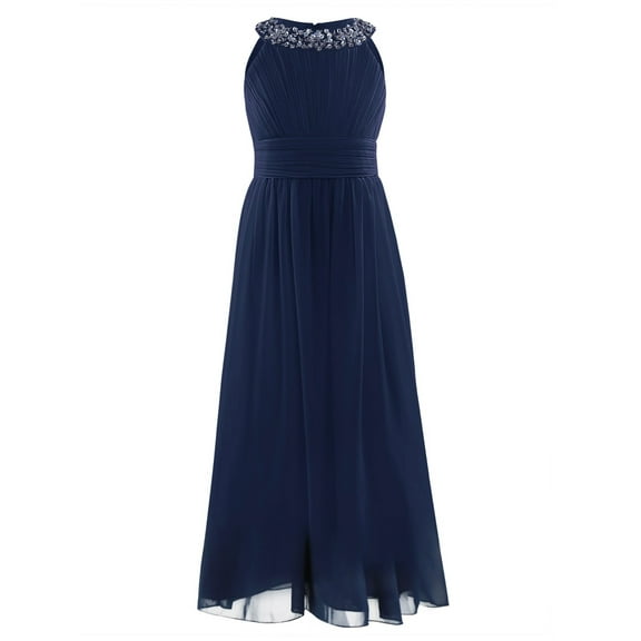 CHICTRY Girls Sleeveless Chiffon Pleated Princess Dress Sequined Neckline Birthday Party Dress Dark Navy 12