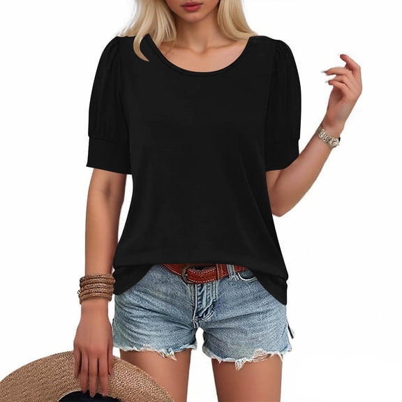 Tops Trendy Puff Short Sleeve with Buckle Casual Crewneck Summer Tops Business Causal Blouses for Cute Vacation Tunic Tops Breathable Lightweight Ladies Blouses
