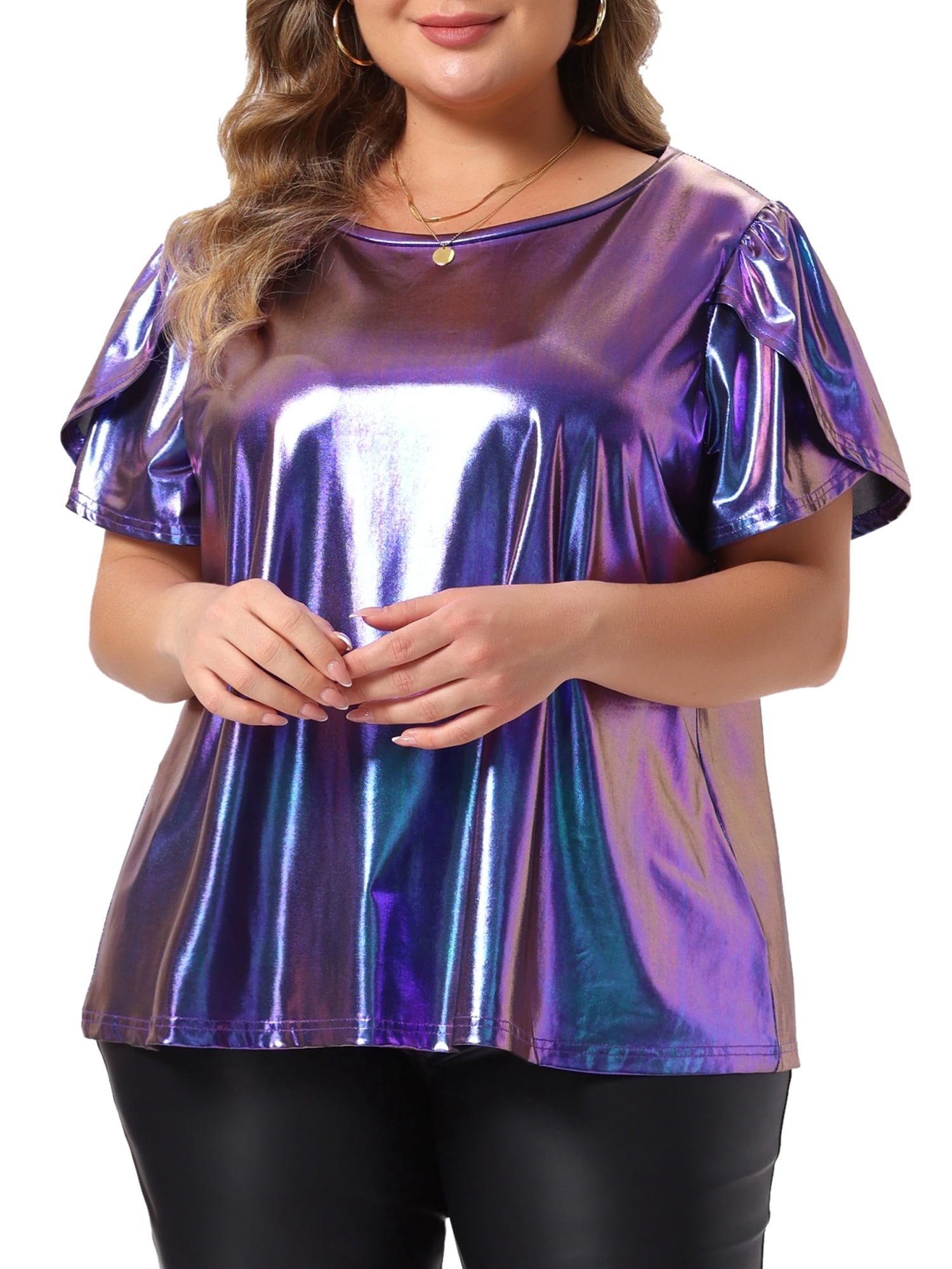 DARING DIVA Women's Plus Metallic Crew Neck Short Sleeve Tops 4X Purple