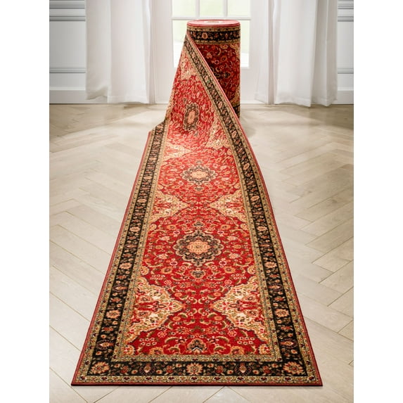 Well Woven Custom Size 22" Wide Runner Non-Slip Rubber Backed Machine Washable Hall Rug 22 Inches Wide x 55 Feet Long Runner (22" x 55' Runner) Brooklyn Trellis Red Geometric Indoor Outdoor Low Pile