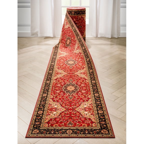 Well Woven Custom Size 22" Wide Runner Non-Slip Rubber Backed Machine Washable Hall Rug 22 Inches Wide x 55 Feet Long Runner (22" x 55' Runner) Brooklyn Trellis Red Geometric Indoor Outdoor Low Pile
