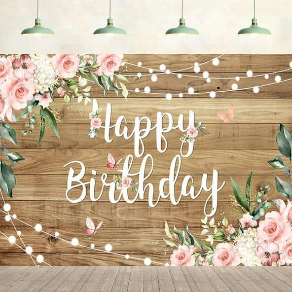 Happy Birthday Backdrop Wooden Board Pink Flowers Leaves Glitter Spots Background Girl Birthday Party Supplies Banner Wall Decor Photography Kids Adult Portrait Photo Studio Props