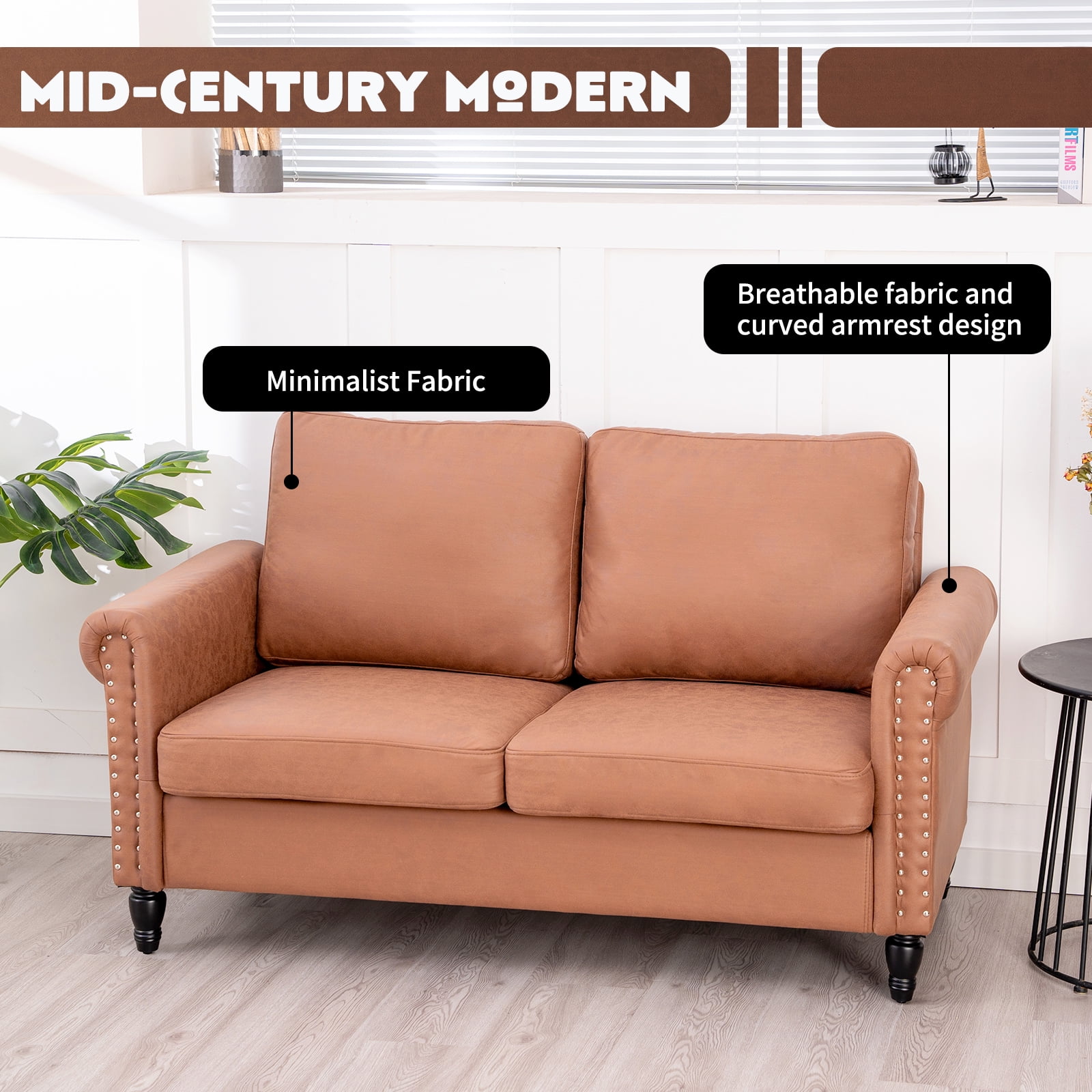 57 Loveseat Sofa,2 Seat Couch with Faux Leather Fabric,Small Couches for Small Spaces with Solid Wood Legs,Comfy Love Seat Sofa for Living Room,Bedroom,Apartment