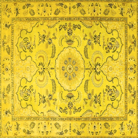 Ahgly Company Machine Washable Indoor Square Medallion Yellow Traditional Area Rugs, 5' Square