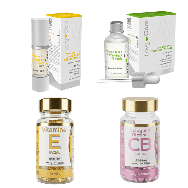 Kit Nutrición Facial Juveternal Lovycare Cápsulas Vitamina E + Crema Vitamina E + Sérum Té Verde ¡Cápsulas Colágeno Biotina de Regalo!