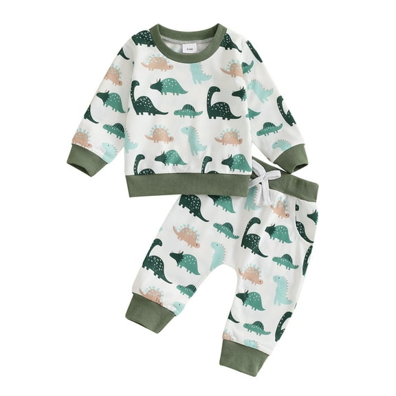 Baby Toddler Boy Fall Outfit 0 6 12 18 24 Months 2T 3T Dinosaur Print Long Sleeve Sweatshirt and Elastic Pants 2 Piece Clothes