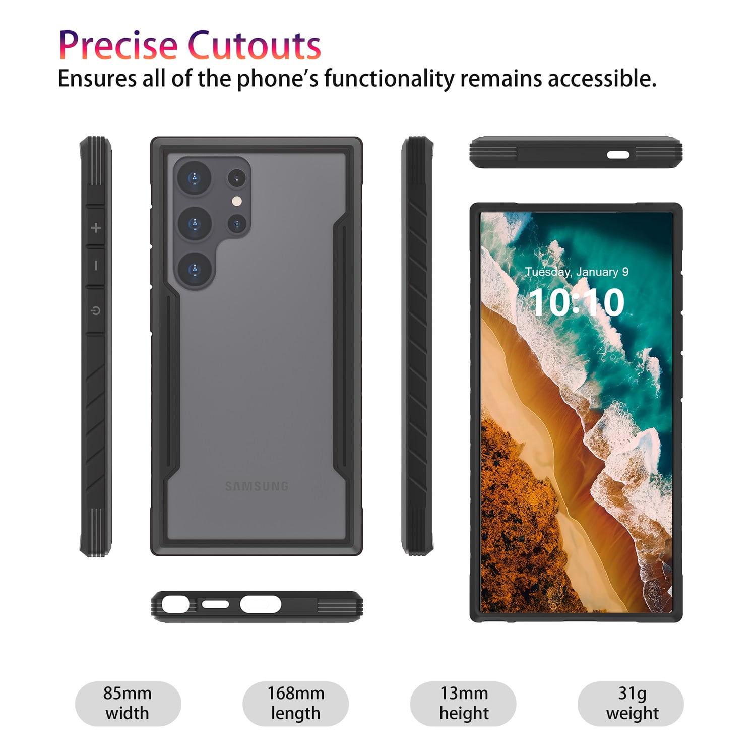 JTCASES for Samsung Galaxy S23 Case 6.1" 5G Phone 2023, Military Grade Shockproof Impact Resistant Corners Wireless Charging Non-Slip Grip Cover, Black