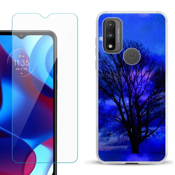 Slim-Fit Gel TPU Phone Case for Motorola Moto G Pure, with Tempered Glass Screen Protector, by OneToughShield ® - Night Tree
