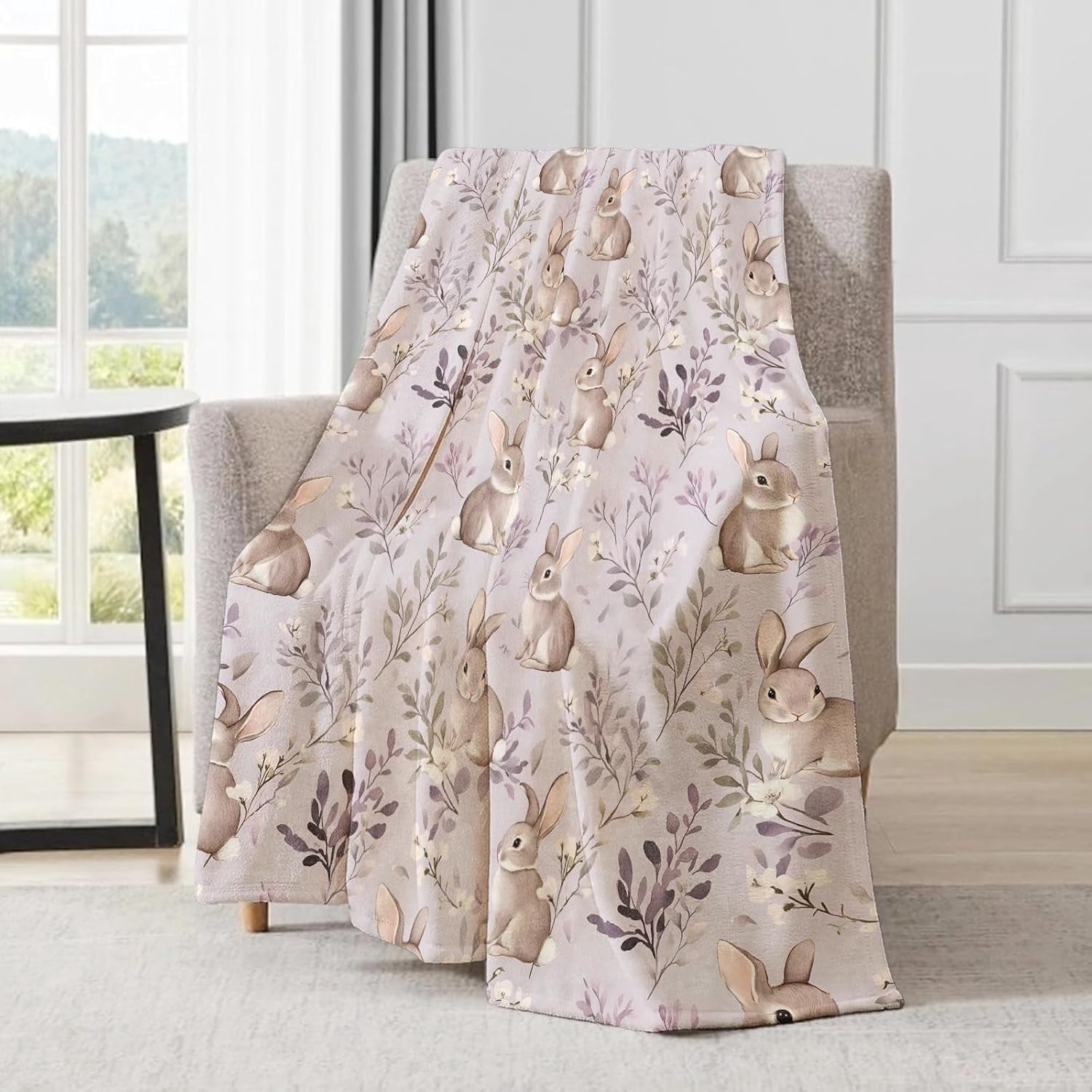 Cute Bunny Blanket - Adorable Rabbit Pastel Lavender Floral Fleece Throw,Gifts for Users Women, Soft & Warm,Lightweight, for Modern Rustic Decor, Animal Lovers, and Room Home Accents 60x80in