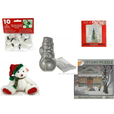 Christmas Fun Gift Bundle [5 Piece] - 10 Mini Snowman Light Covers - Let It Snow Glass Ornament Deer - Nordic Ware Snowman Cake Pan - TY Classic  