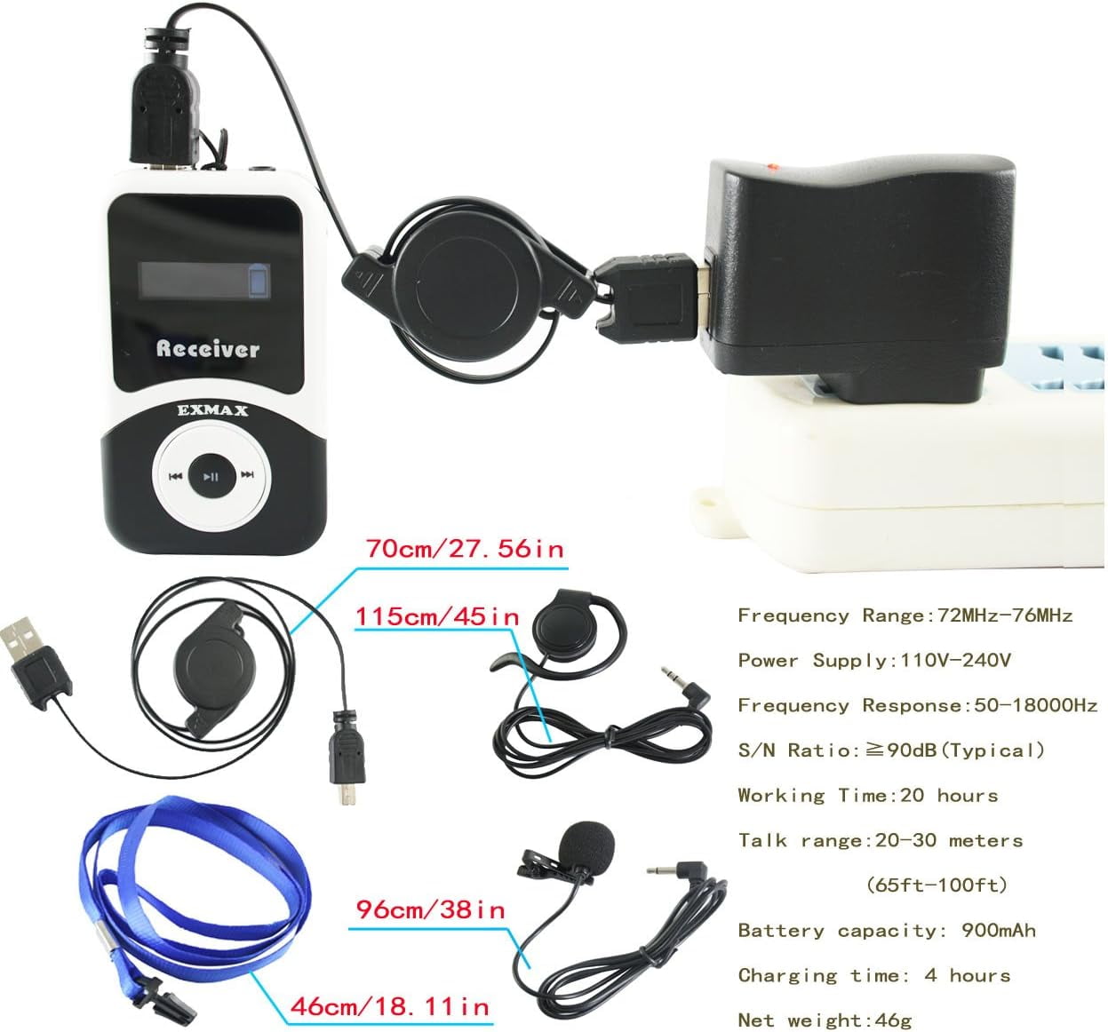 EXMAX EX-100 Wireless Tour Guide Interpreter Transmitter Microphone System for Churches Church Translation Simultaneous Interpreting Teaching Silent Conference City Travel(1 Transmitter 20 Receivers)