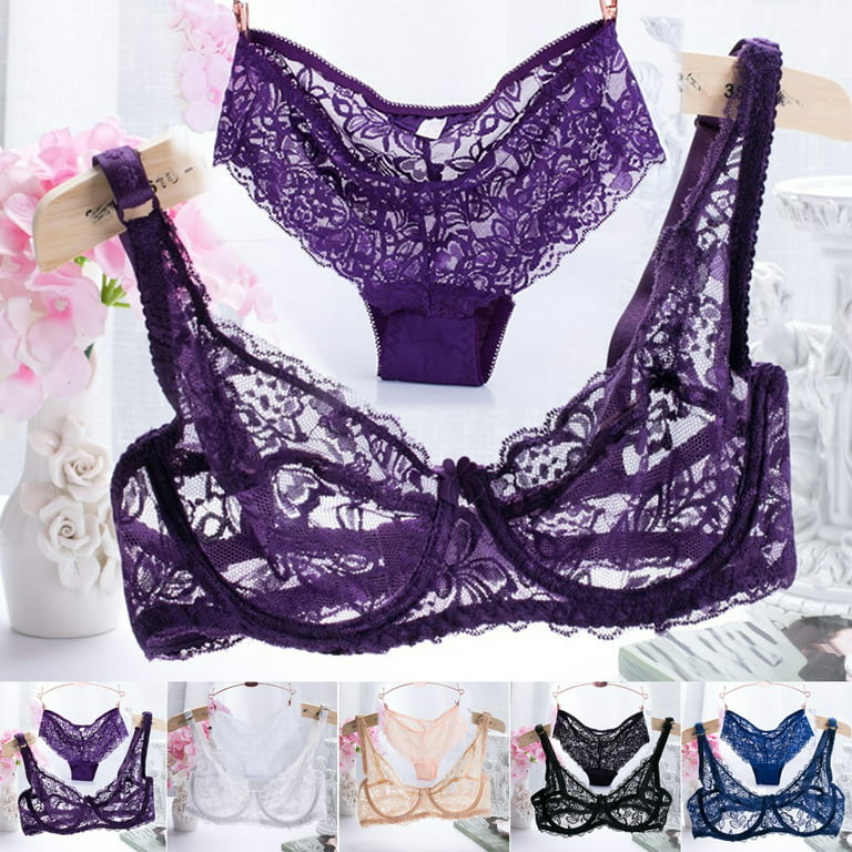 Ruibeauty Women Lace Embroidery Underwear Sexy 3/4 cup thin Transparent Bra  Panty Set 