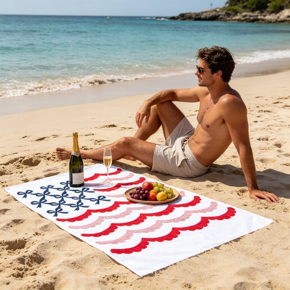 Cififendec 4th of July Oversize Beach Towel, 55.1"×27.6", Red White Blue Patriotic Microfiber Towel, Quick-Dry Lightweight for Independence Day Beach and Pool Use