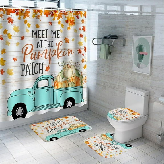 4Pcs Fall Shower Curtain Sets with Non Slip Rug, Bath Mat and Toilet Cover, Thanksgiving Gnomes Pumpkin Maple Leaf Waterproof Shower Curtain with 12 Hooks for Bathroom Accessories (Fall 03)