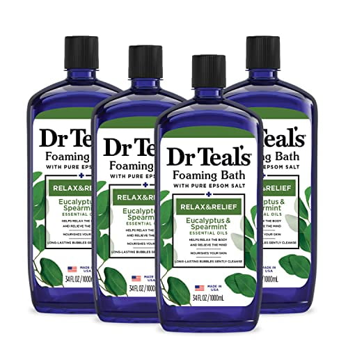 Dr Teal's Bain Moussant avec Sel d'Epsom Pur, Relax & Soulagement avec Eucalyptus & Menthe Verte, 34 fl oz (Lot de 4) (Emballage Peut Varier)