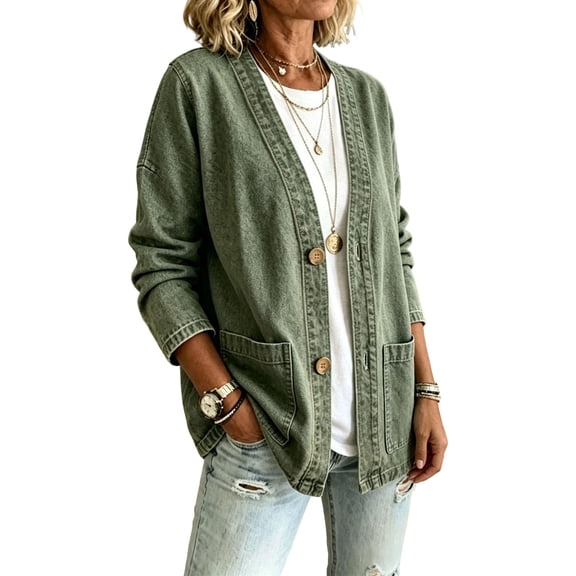 JUUNthy Womens Denim Jacket, Loose Fit V-Neck Button Front Long Sleeve Lightweight Jean Outerwear with Pockets Army Green S