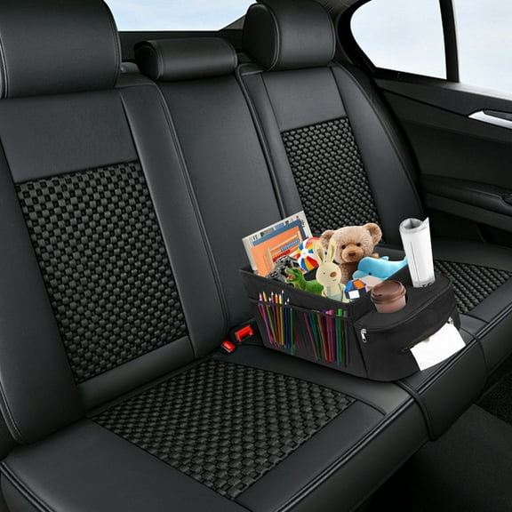 Car Seat Organizer with Handle Foldable Backseat Car Organizer Nonslip Passenger Seat Organizer Waterproof Car Seat Storage Organizer with Storage Compartments Pockets 2 Cup Holders for Cars Vans
