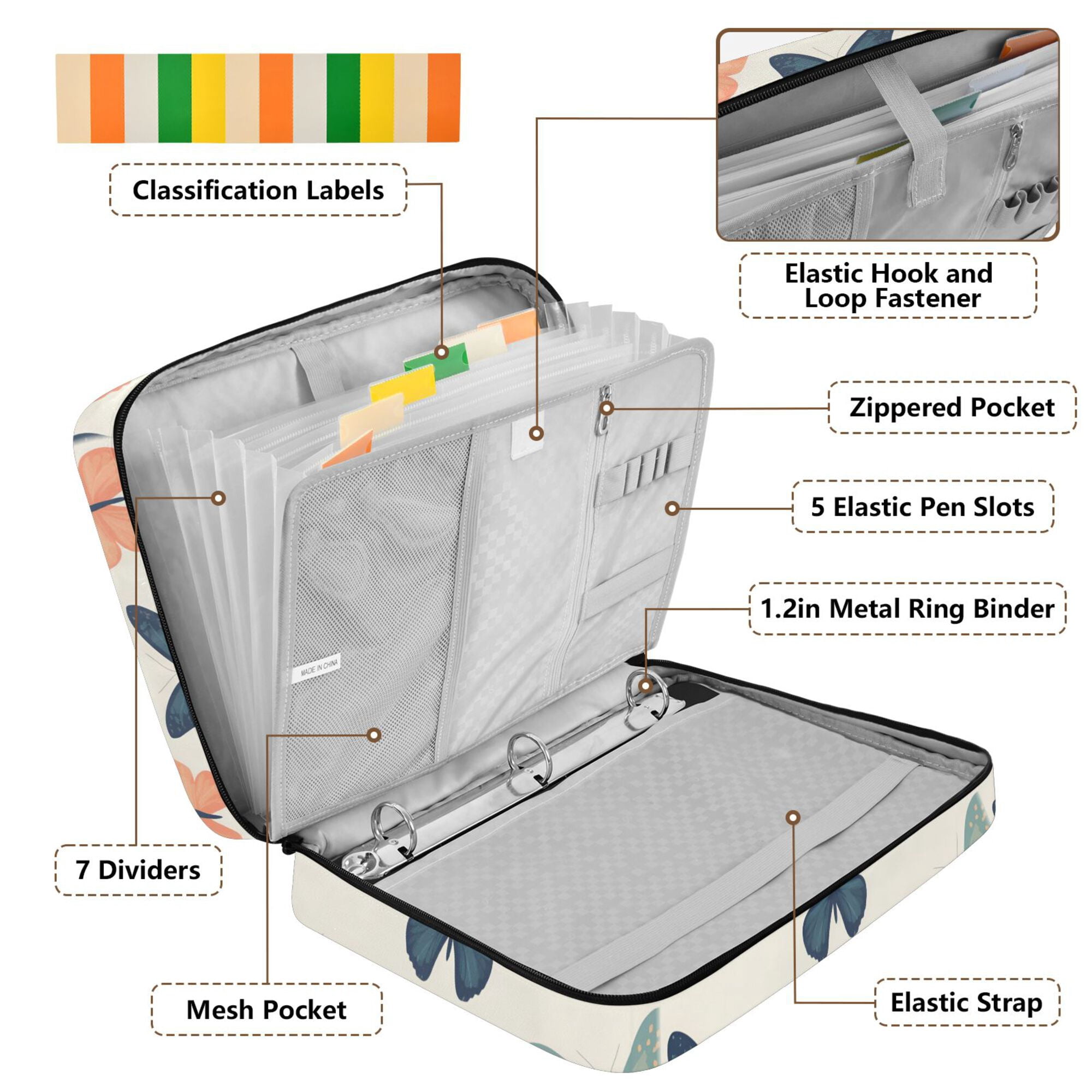 FORMRS Accordion File Folder A4 Size 7-Pocket Expanding Document Organizer Bag with 3 Ring Binder, Orange Butterflies