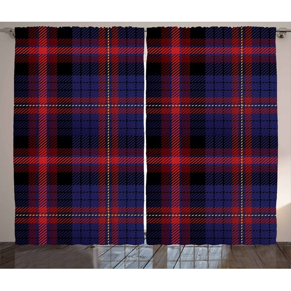 Ambesonne Checkered Curtains 2 Panel Set, Vibrant Folkloric, 108" x 63", Royal Blue Red Black