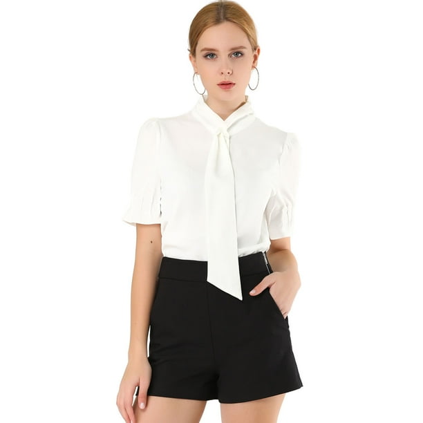 INSPIRE CHIC La blusa de la oficina del trabajo de las mujeres abotona la camisa del top del cuello del lazo de la manga del soplo blanco S