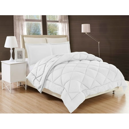 Pure White Down Alternative Diamond Comforter Bed Cover Set,  2pc Twin Solid Plain Quilted Bedding with Pillow